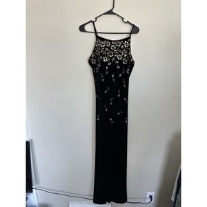 VTG 90s Y2K M/L Backless Black Velvet Euro Dress Embroidered Formal Fairy Maxi‎